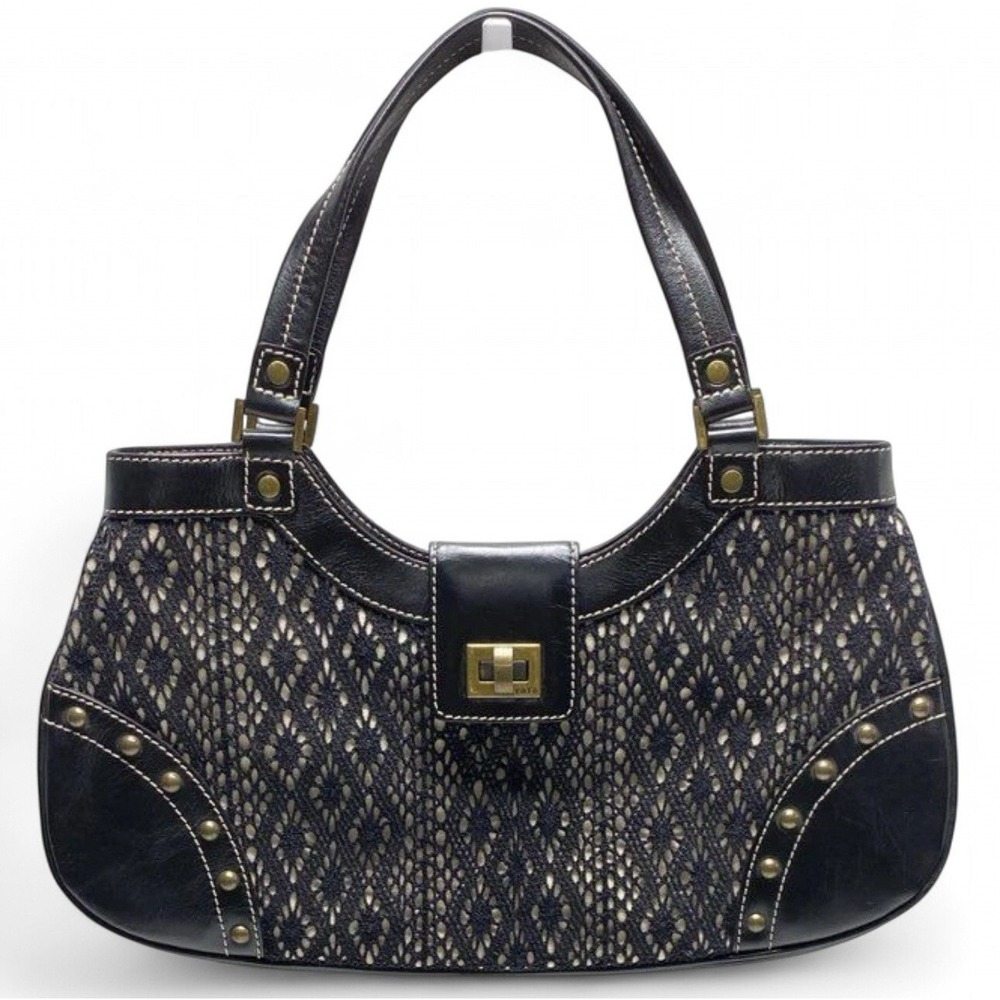 Rafe New York Navy Blue Crochet Leather Studded Shoulder Bag Turn-lock Black